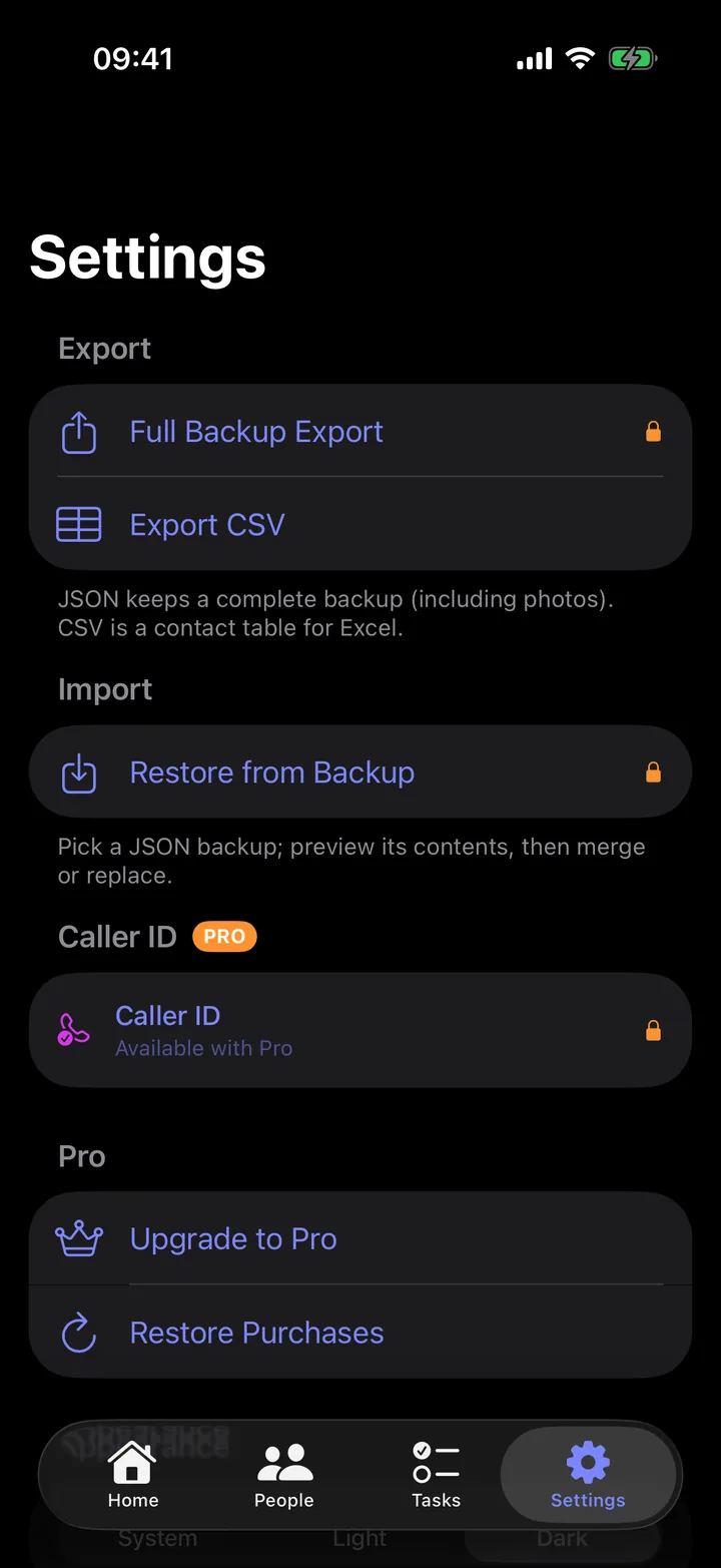 Relato Settings screen: Caller ID Pro section, full JSON backup and CSV export options