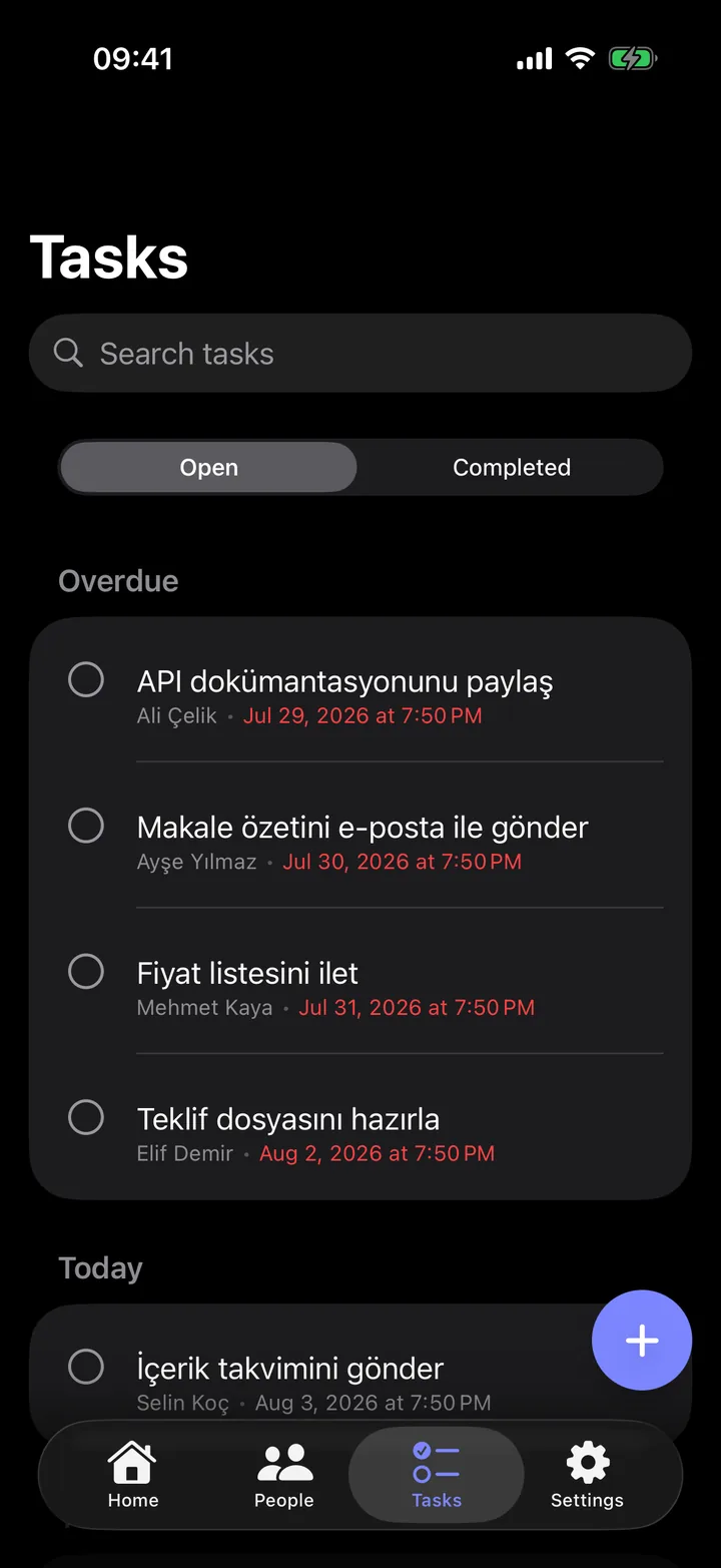 Relato Tasks screen: overdue and due-today follow-up reminders with the person attached